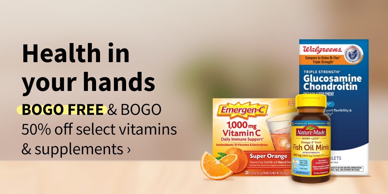 Health in your hands, 50 per cent off select vitamins and suplements