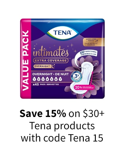 Save 15% on $30+ tena products with code: Tena15