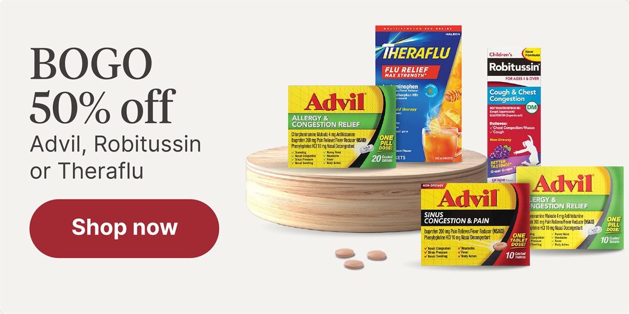 BOGO 50% off Advil, Robitussin or Theraflu