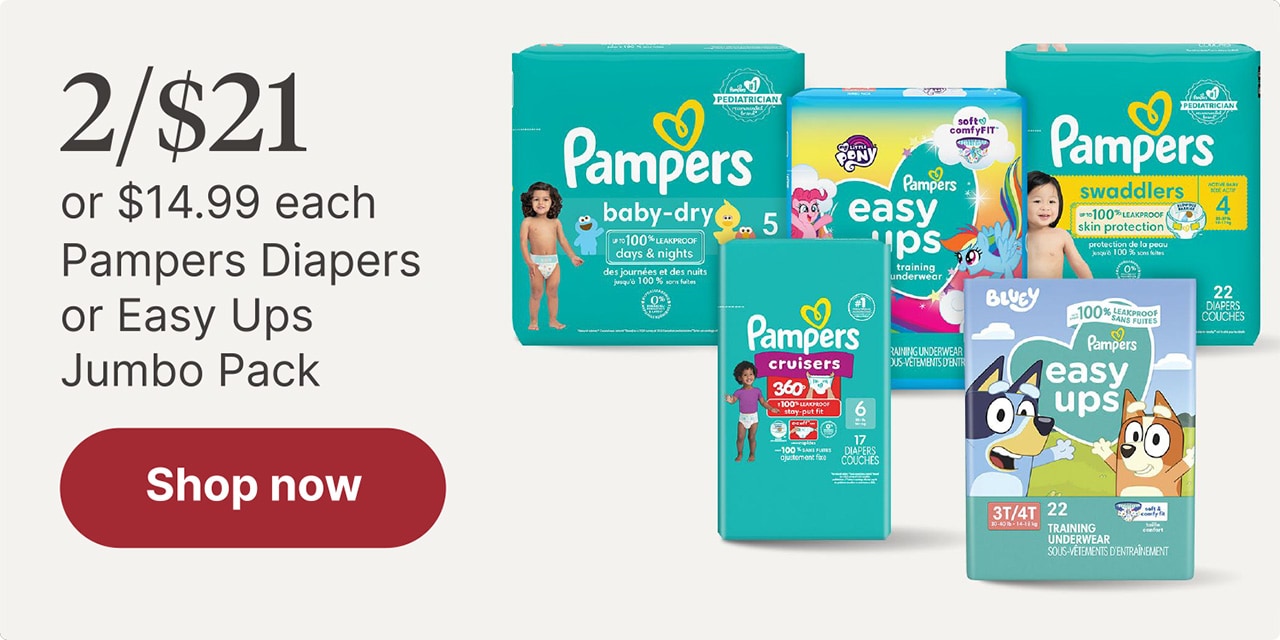 2/$21 or $14.99 each Pampers Diapers or Easy Ups Jumbo pack